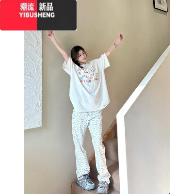 YIBUSHENG彩色字母印花短袖白色t恤女季2024新款宽松设计感小众半袖上衣