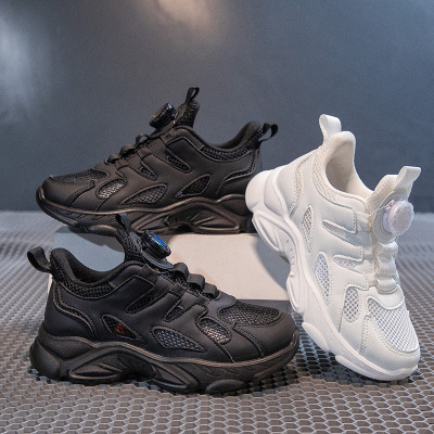 男童鞋子新款四季中小学生软底旋转扣小白鞋青少年女童白色老爹鞋_613