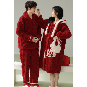 情侣大红色结婚法兰绒开衫睡衣提花绒加厚保暖可爱珊瑚绒家睡袍女