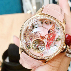 瑞夫泰格(REEF TIGER)女士手表全自动机械表女表新款时尚潮流镶钻镂空皮表带防水3D鹦鹉手表RGA7015