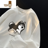 YANXU美式复古酒红色小狗长袖t恤男秋季大码圆领卫衣潮牌打底内搭秋衣