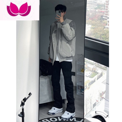 七斓高级黑修身牛仔裤男直筒弹力vibe风美式高街裤子设计感显瘦微喇裤