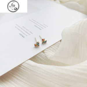 彩虹爱心纯银耳钉小女设计彩色简约小巧睡觉不用摘的耳环精致耳坠 JiMi S925银针耳钉一对