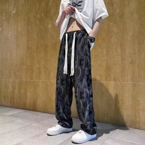 美式高街灯芯绒休闲裤男字母满印复古时尚潮流宽松直筒裤