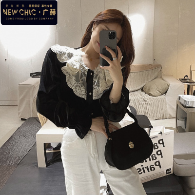 广赫蕾丝衬衫女春季法式娃娃领气质打底长袖黑色丝绒V领衬衣外穿上衣衬衫