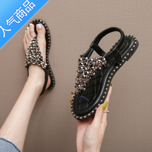 SUNTEK夹趾凉鞋女夏款软底水钻夹脚沙滩人字拖鞋平底今年流行的凉拖外穿