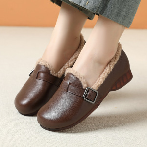 秋冬季新款森系复古真皮大圆头懒人平底复古软底休闲女保暖鞋