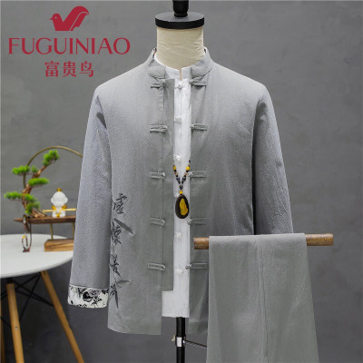 富贵鸟中式刺绣套装中山装男士休闲唐装茶服青年复古修身外套2021中国风男装