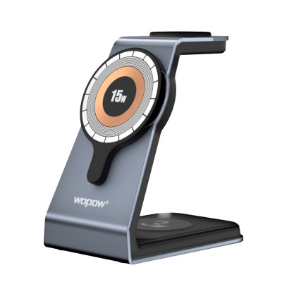 沃品MW02 三合一无线充电器磁吸手机支架15W快充适用平果15/14华为小米耳机iWatch手表