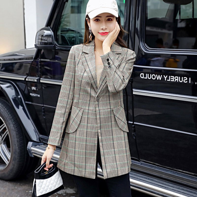 迪鲁奥（DILUAO)时尚格子休闲袖外套女2021年秋季新款韩版修身型显瘦慵懒风气质上衣图片色默认颜色S