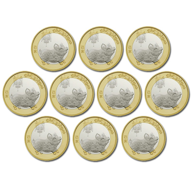 昊藏天下2019年猪年生肖贺岁纪念币第二轮生肖猪年纪念币面值10元双色硬币10枚合售