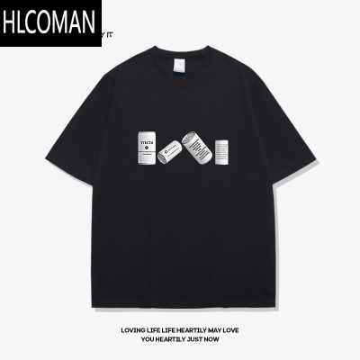 HLCOMAN设计感瓶子潮流短袖t恤男黑色新款美式复古体恤