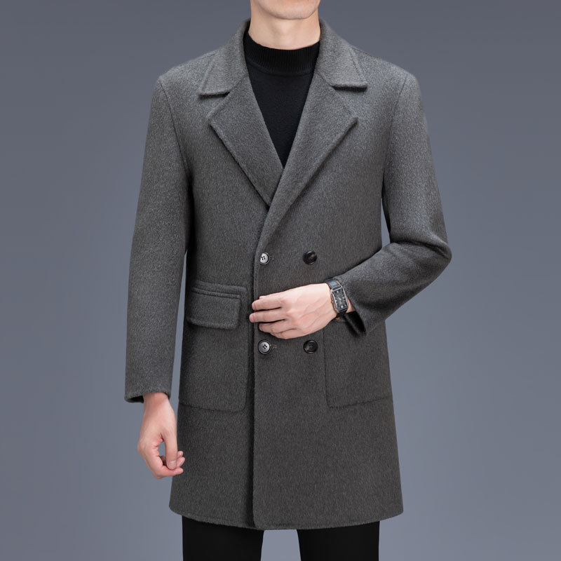 秋冬新款中长款100%羊毛双面呢羊毛大衣青年男士双排扣大衣外套男