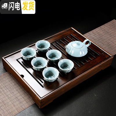 三维工匠竹制茶盘小号家用储水茶台功夫茶具套装简约干泡茶海圆形茶托实木 碳色长方形盛水大号+一壶六杯送茶巾茶笔茶夹