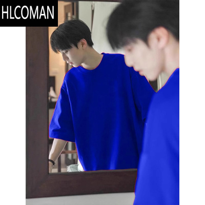 HLCOMAN多巴胺穿搭克莱因蓝t恤男美式短袖oversize高街情侣半袖夏季