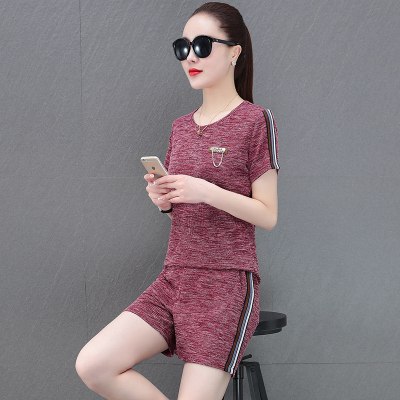 班俏BANQIAO运动套装女2021年新款夏天时尚亮丝休闲跑步服短袖短裤两件套夏季