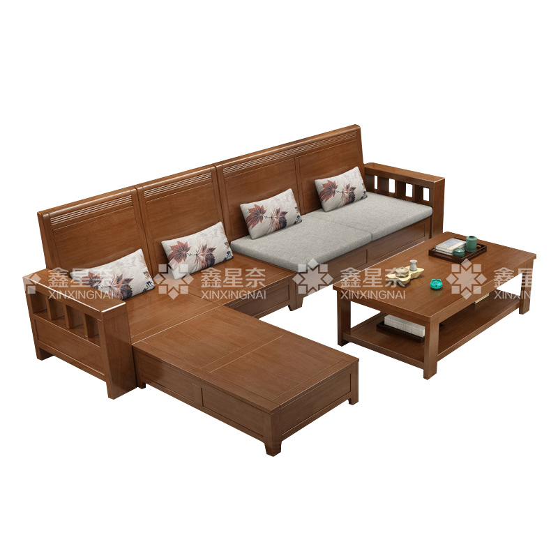 鑫星奈 XXN4031208实木沙发茶几组合简约冬夏两用客厅沙发 四人贵妃位含茶几