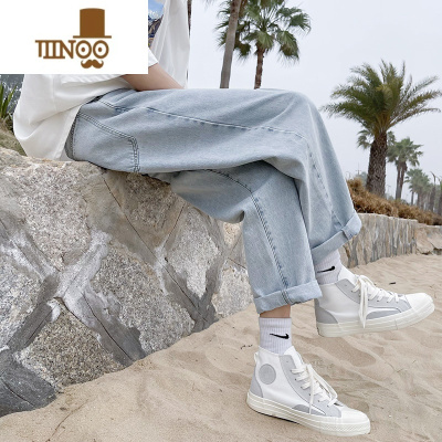 YANXU浅色复古牛仔裤男夏季新款学生阔腿裤子潮牌休闲九分裤宽松直筒裤