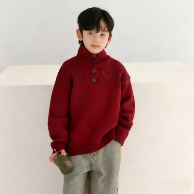 男童高领红色毛衣冬季儿童加厚针织衫拜年服秋冬新款冬装中大