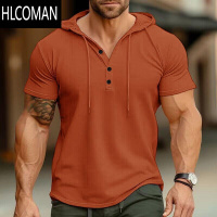 HLCOMAN300斤胖子加大码夏季美式运动健身短袖t恤男装宽松加肥连帽上衣衫
