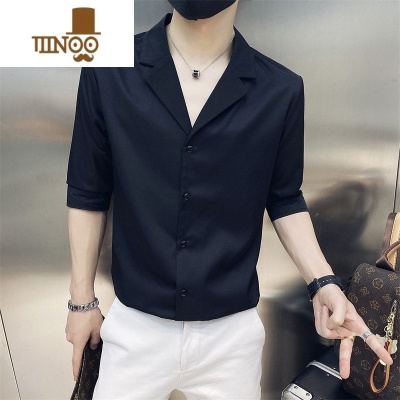YANXU痞帅衬衫男潮牌修身西装领衬衣短袖夏季潮流帅气七分袖长袖寸衫男