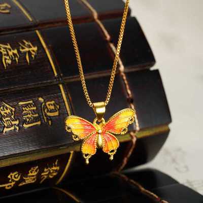 古法金烧蓝蝴蝶吊坠项链女款镀金沙金黄金色珐琅彩挂件锁骨链复古送女朋友老婆情人节七夕生日礼物