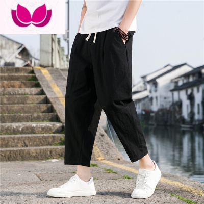 七斓裤子男夏季薄款潮牌休闲裤宽松冰丝九分裤国潮亚麻套装大码运动裤