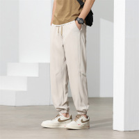 男士浅杏束脚休闲裤 冰丝抽绳工装裤 春夏透气街头风裤子