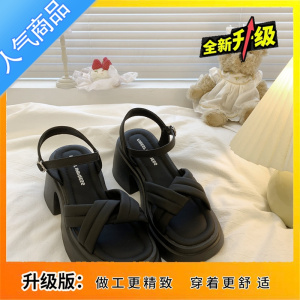 SUNTEK厚底粗跟黑色交叉带凉鞋女2023新款夏季时尚松糕百搭一字扣罗马鞋
