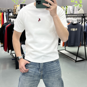 潮牌春夏新款男打底短袖T恤加厚重磅马年刺绣半袖衫圆领休闲上衣t