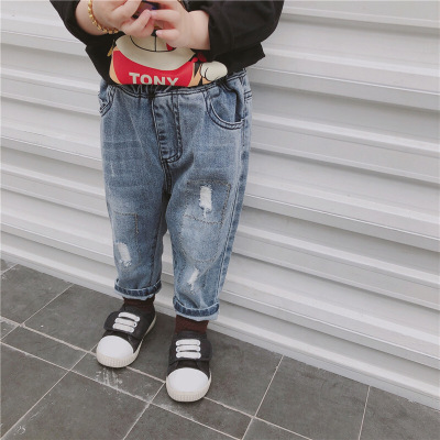 迪鲁奥（DILUAO)品牌男童牛仔裤2021新款春秋韩版儿童长裤宝宝腰带休闲裤女童春裤子潮浅蓝色