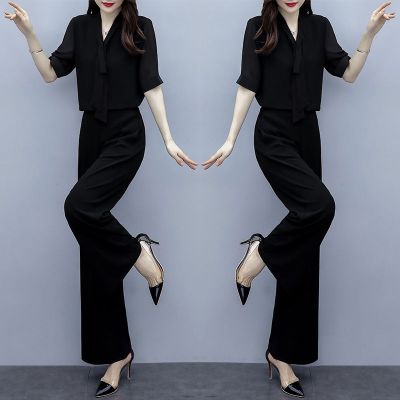 单件/套装2021夏夏季新款黑色时尚职业两件套女韩版宽松显S高腰阔腿裤威珺