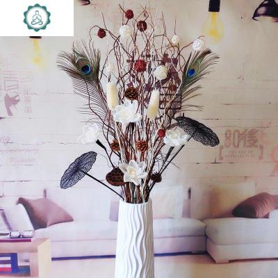 干花落地花客厅电视柜艺术假花装饰花手工叶脉荷花干树枝插花摆件封后橙色荷花套装带瓶干树枝