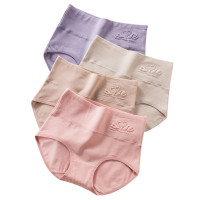 浪莎内裤女士纯棉舒适透气胖mm产后收腹短裤头浮雕印花高腰三角裤衩4条