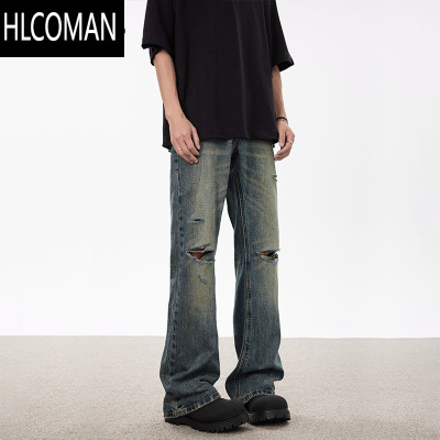 HLCOMAN高街水洗做旧vibe破洞牛仔裤男夏季潮牌宽松直筒cleanfit微喇裤子