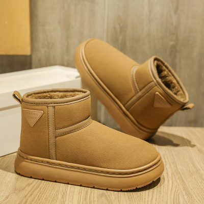 情侣款雪地靴男士低筒皮面时尚休闲棉鞋加绒加厚防滑男鞋冬季棉靴