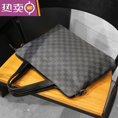 NEWLAKE手提包男横款商务公文包单肩包电脑包时尚潮流斜挎格子皮质办公包斜挎包男黑灰收藏就送礼品