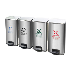 易企采 连体四分类120L脚踏式垃圾桶 不锈钢室内办公室电梯口大号酒店商用果皮箱环卫垃圾箱 120L脚踏式垃圾桶