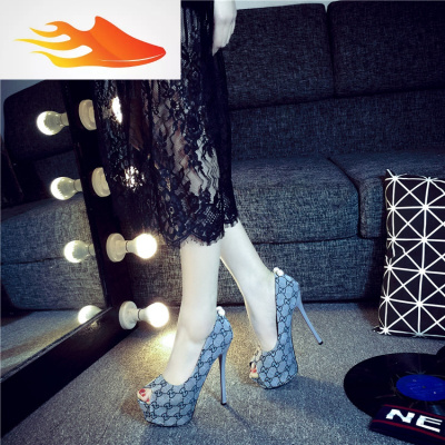 FISHBASKET鱼嘴超高跟鞋细跟防水台浅口时尚女鞋2019春季新款性感拼色单鞋潮