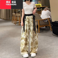YIBUSHENG2024季新款印花高腰水墨画禅意冰丝阔腿裤女雪纺飘带宽松休闲裤