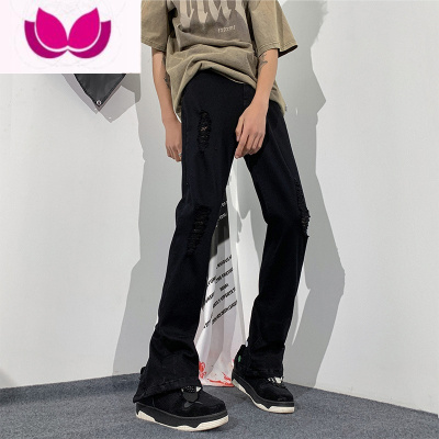 七斓纯黑色破洞牛仔裤男修身弹力美式vibe风裤子高街排扣开叉微喇长裤