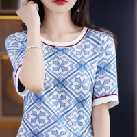 2026新款时尚几何印花棉线短袖女上衣夏季清凉透气拼色T恤衫女装