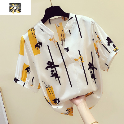 暖青汇夏季新款复古气质V领宽松显瘦大码短袖印花雪纺衫上衣长袖衬衣女蕾丝衫