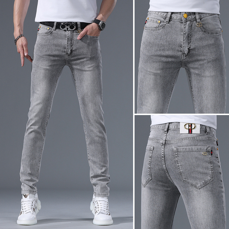 夏季薄款浅灰色牛仔裤年新款百搭欧货弹力轻奢男士修身小脚裤