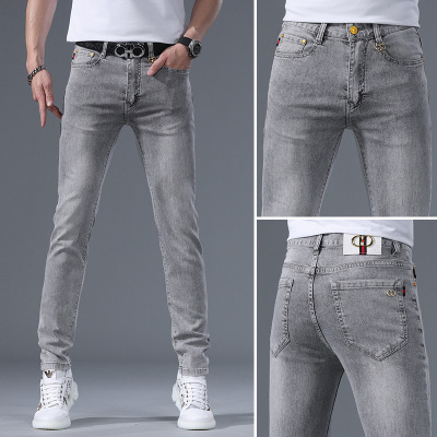 夏季薄款浅灰色牛仔裤年新款百搭欧货弹力轻奢男士修身小脚裤