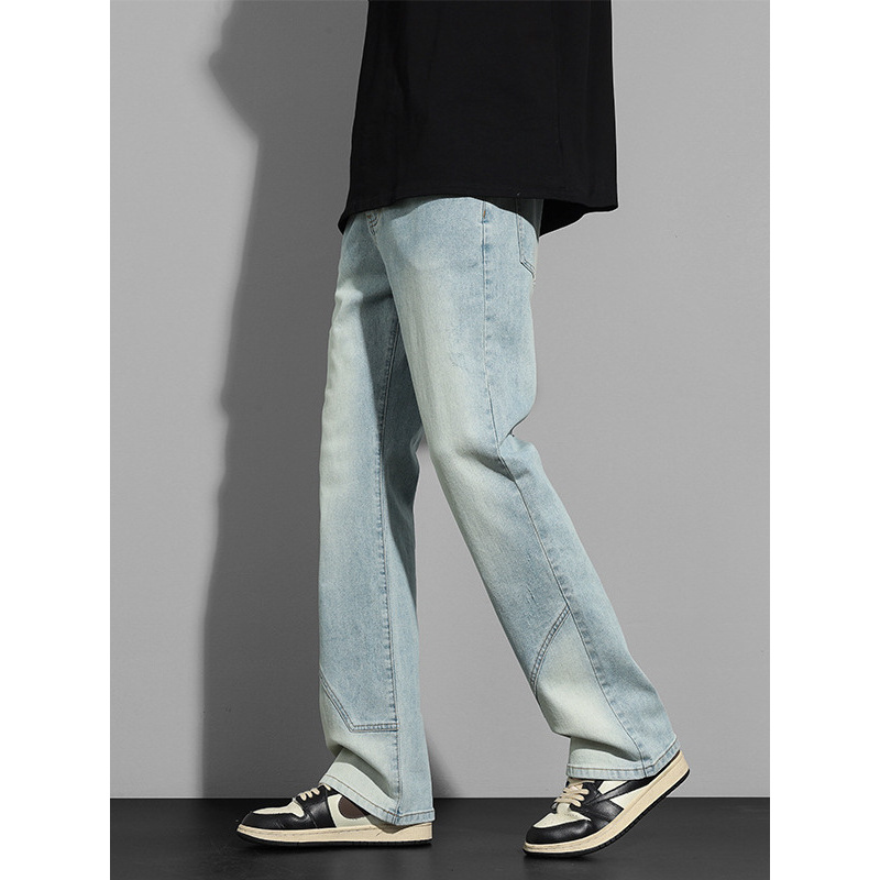 新款牛仔裤微喇叭裤男浅色经典高街品质纽扣拼接新疆棉微喇裤学生