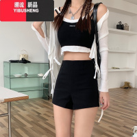 YIBUSHENG高腰弹力短裤女季韩版2024新款显瘦百搭热裤外穿黑色阔腿休闲裤