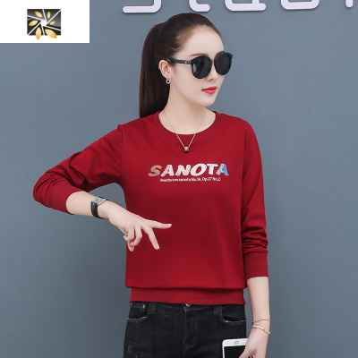 暖青汇中年妈妈卫衣女士2020年春秋季新款四十岁五十秋装棉t恤上衣薄T卫衣