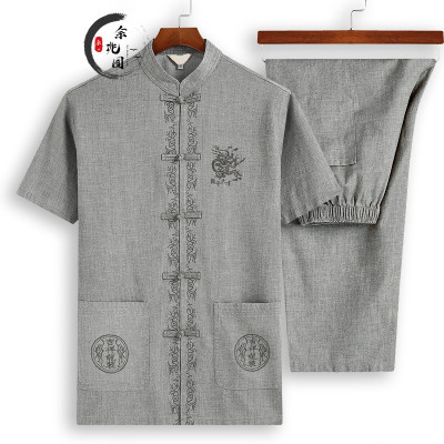 余兆园棉麻套装男中老年夏季新款中国风盘扣龙刺绣爸爸装宽松休闲汉服唐装男两件套