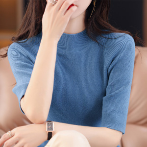 春秋半高领中袖修身内搭打底衫上衣女新款纯色套头针织衫毛衣